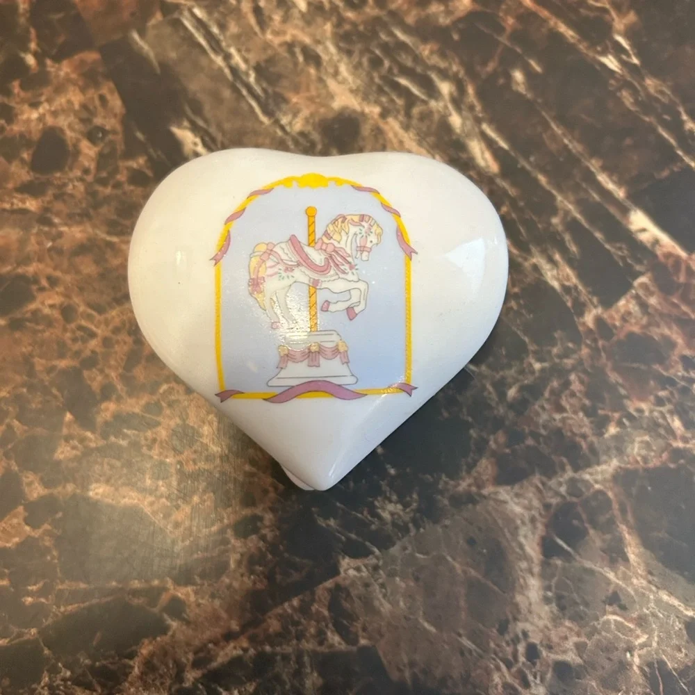 White heart shaped Porcelain Trinket Box featuring carousel horse design